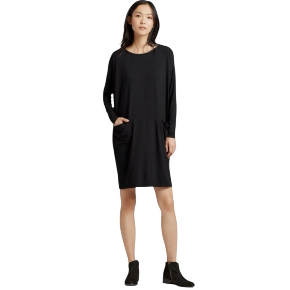 Eileen Fisher Black Ponte Knit Boatneck Shift Dress w/Pockets Long Sleeve S EUC